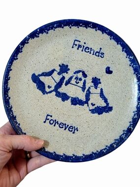 Vintage 1995 Signed Nowack Studio Pottery "Friends Forever" Blue Sponge Plate